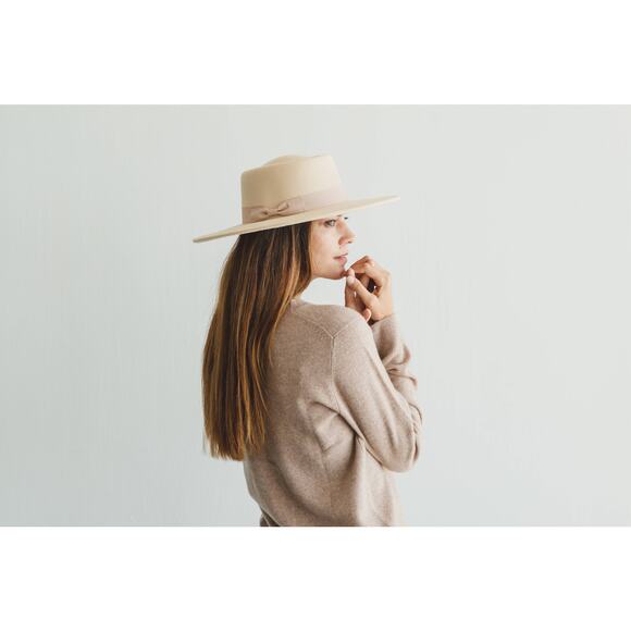 Wide Brim Boater Hat in Faux Felt - Structured Hat with Ribbon Pink main image 4